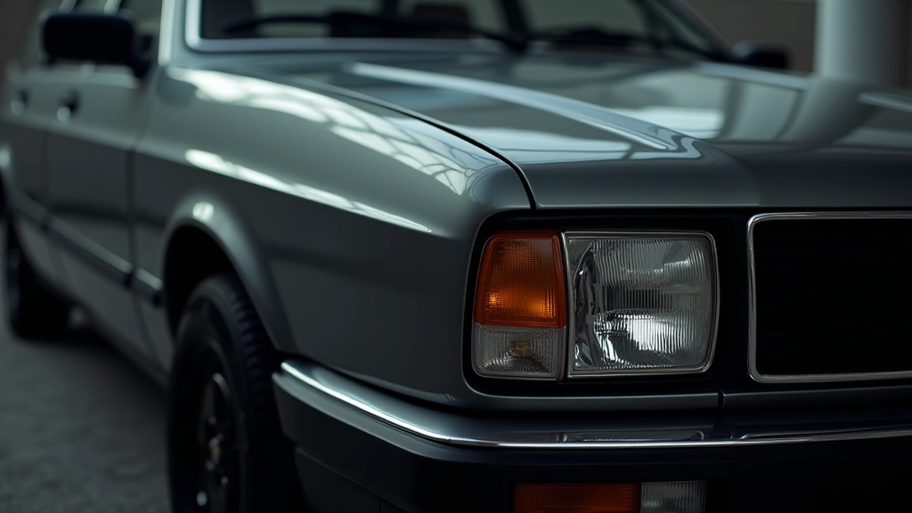 Audi 100 Avant priekinis kampas, matant linijas nuo priekinio žibinto iki durų, detalizuotas vaizdas, profesionalus apšvietimas