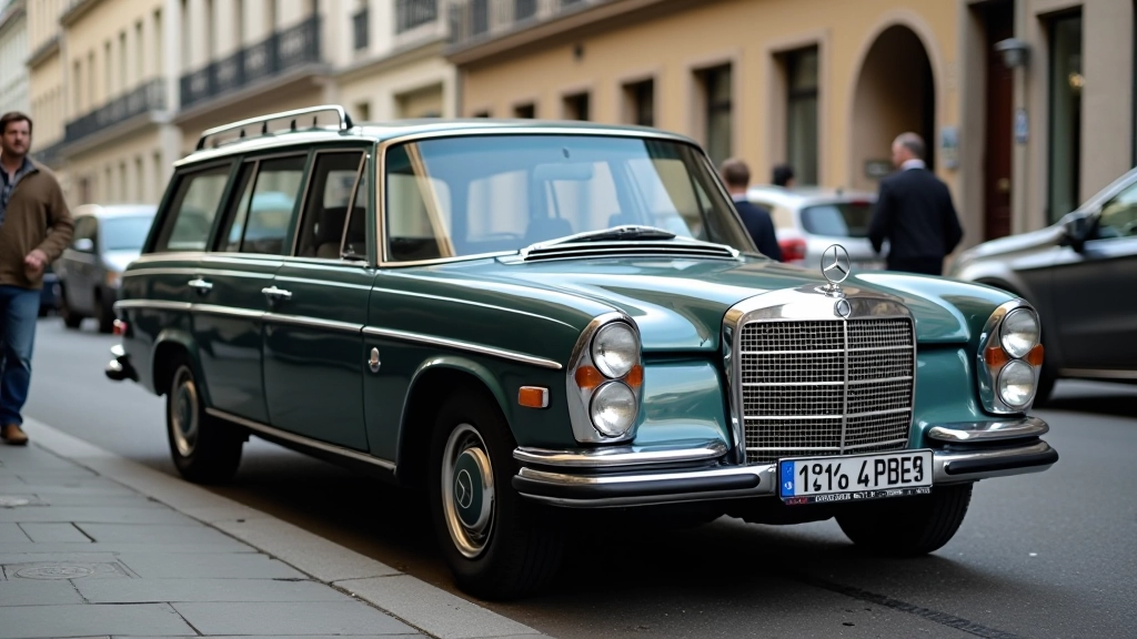 Mercedes-Benz W123 kombi gatvėje, klasikinis dizainas, chrominiai detalės, originalus metalo lenkimas