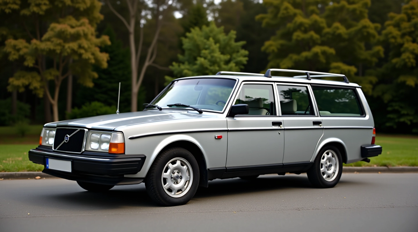 Klasikinis Volvo 240 Estate automobilis, sidabrinis, iš šono