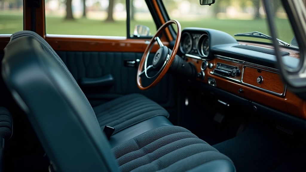 Mercedes-Benz W123 kombi viduje, tamsus salonas su originaliais sėdynėmis, steržinis vairas