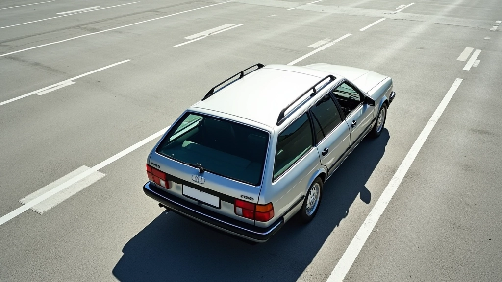 Audi 100 Avant viršutinis vaizdas, matant stogo liniją ir bagažinės plotį, šviesi diena, asfaltinė aikštelė