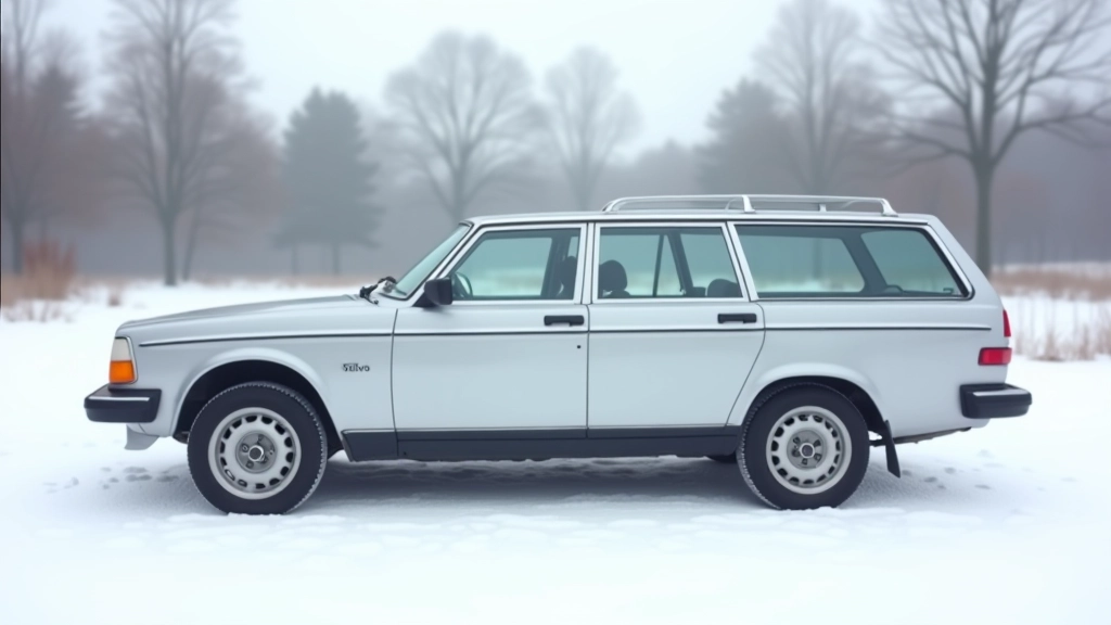 Volvo 240 Estate šoninis profilis, žiemos peizaže, snigtas, nuotrauka iš kelio